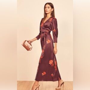 Reformation Burgundy Floral Wrap Dress